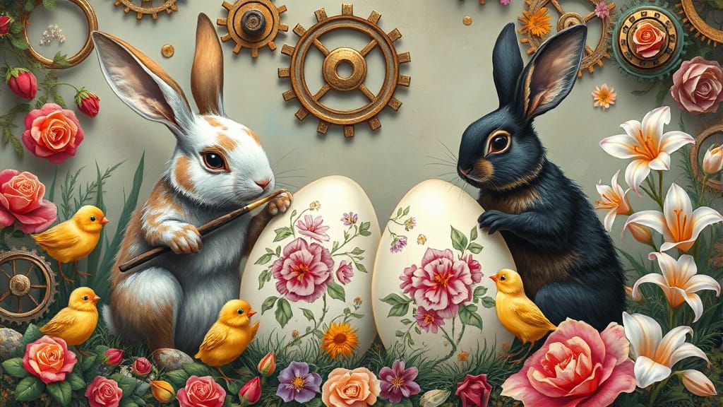Rabbits and Chicks Painting Easter Eggs in Fairy Tale Landsc...