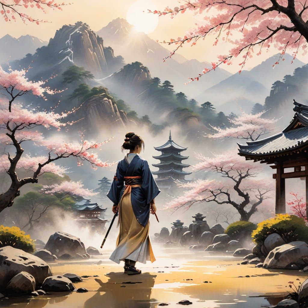 Samurai Woman in Temple Garden: Sumi-e Style