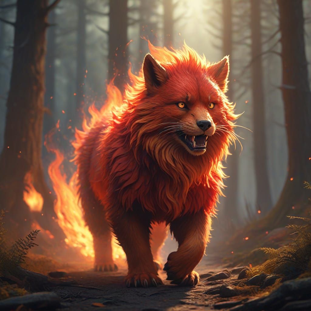 Fiery Creature Runs Through Misty Forest in Pixel Art Style