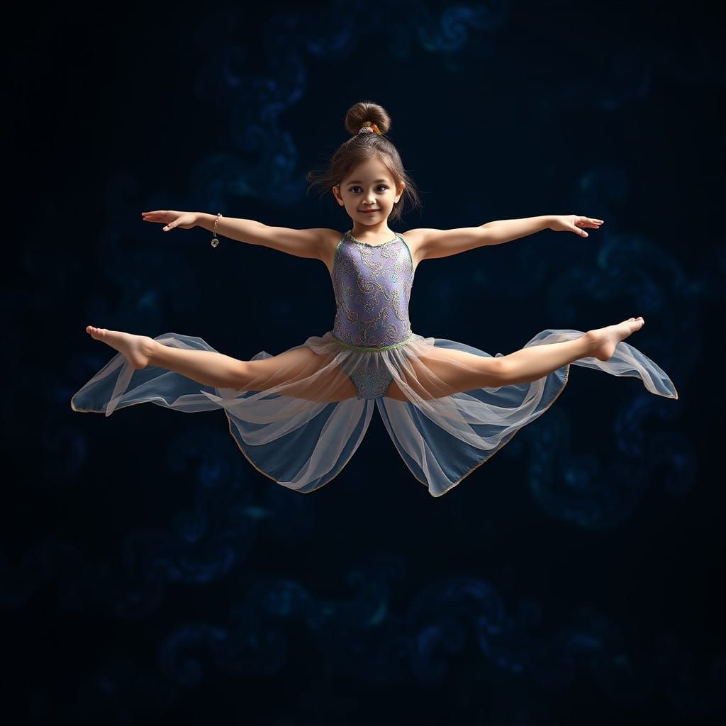 Girl in Midair Middle Split Leotard, Iridescent and Glowing