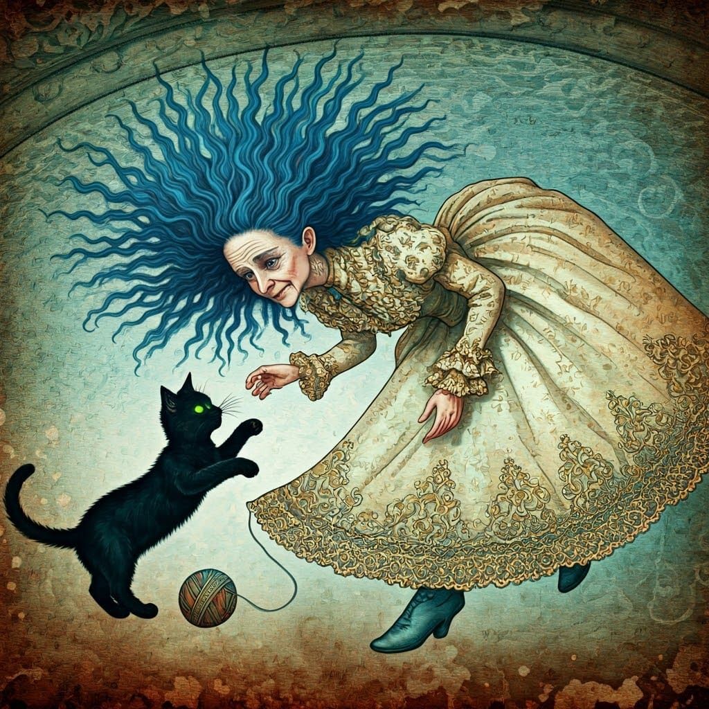 Upside Down Lady with Cat in Watercolor Style