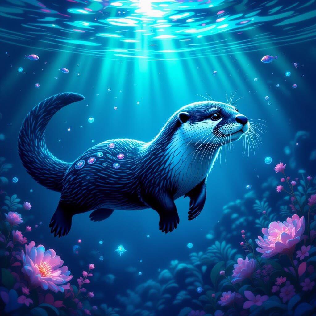 Majestic Jeweled Otter Swims in Bioluminescent Ocean