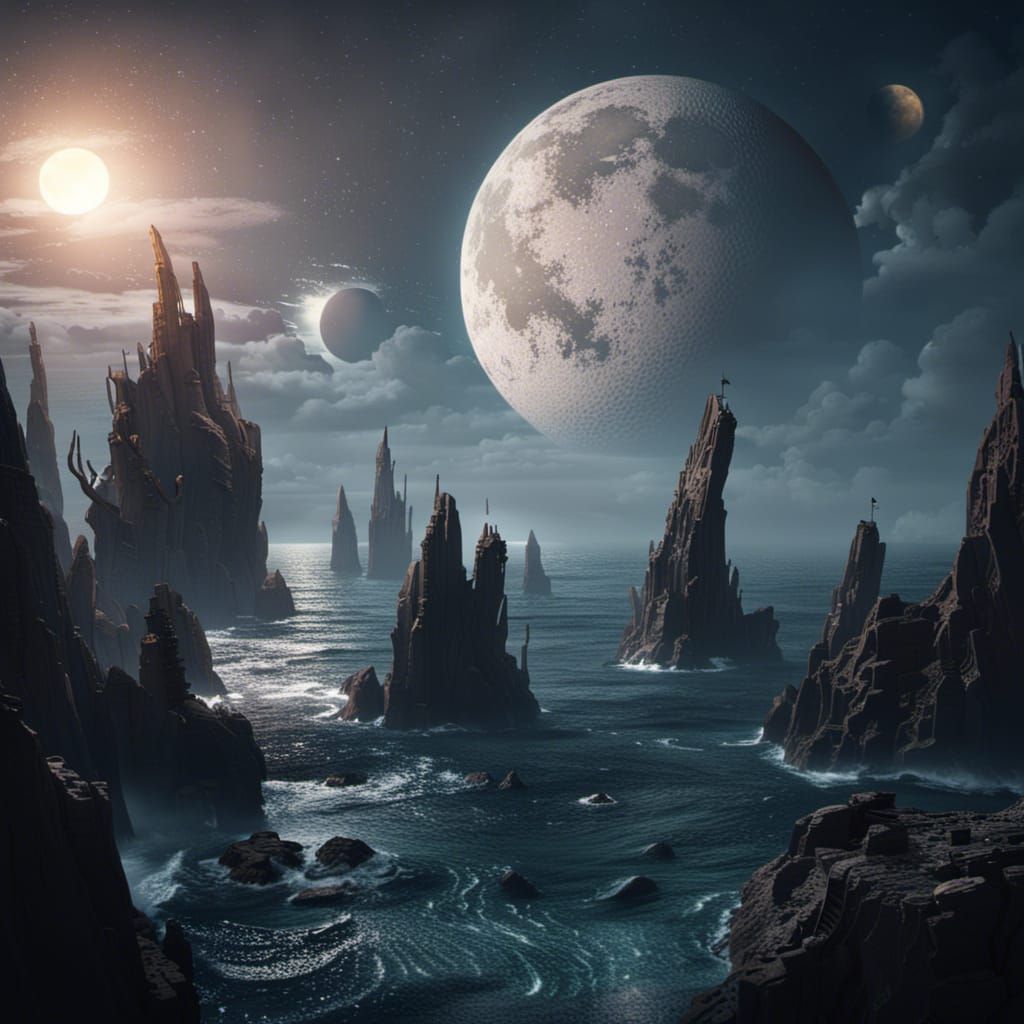 Three Moons Over Dark Ocean: Fantasy Concept Art