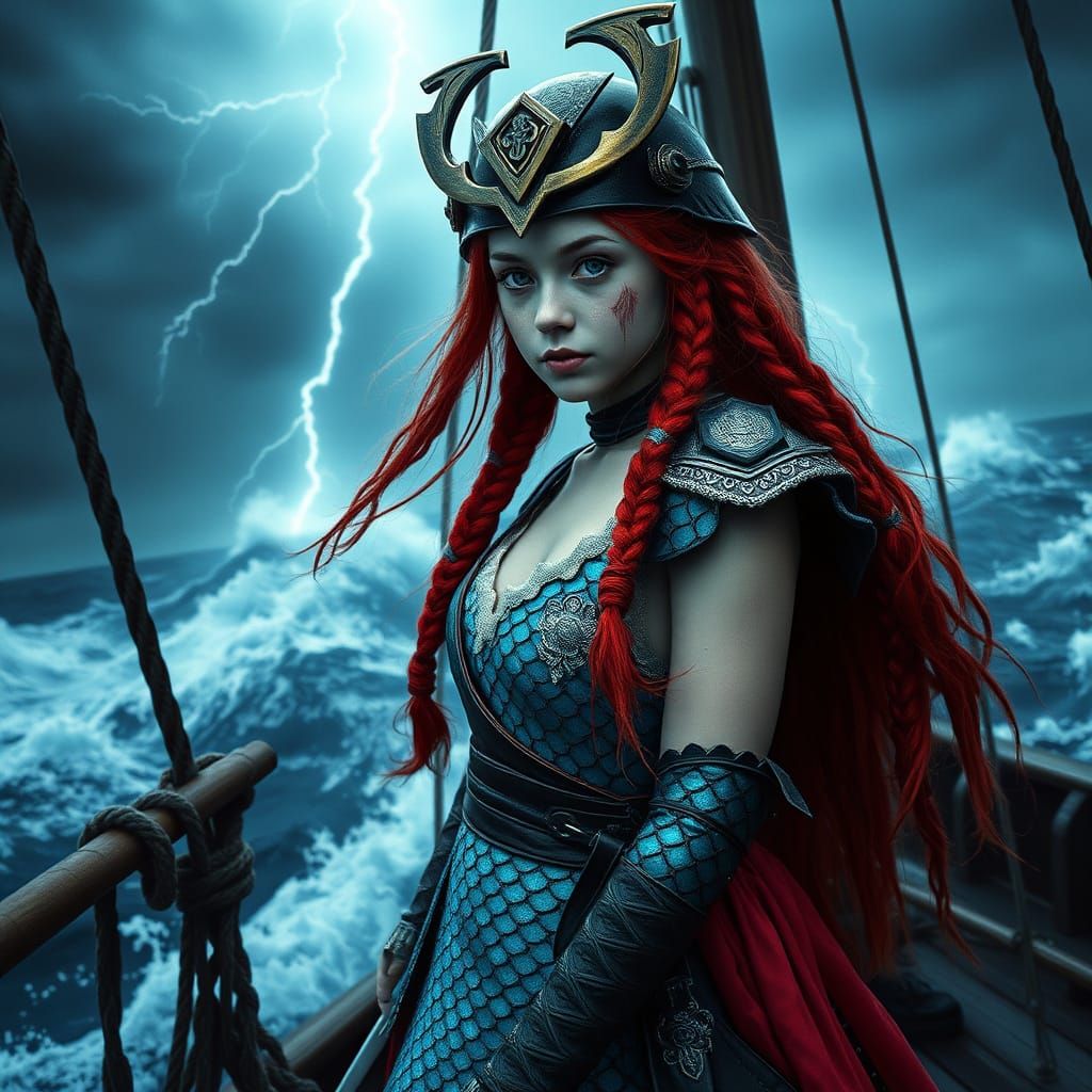 Mermaid Samurai Child Amidst Stormy Seas