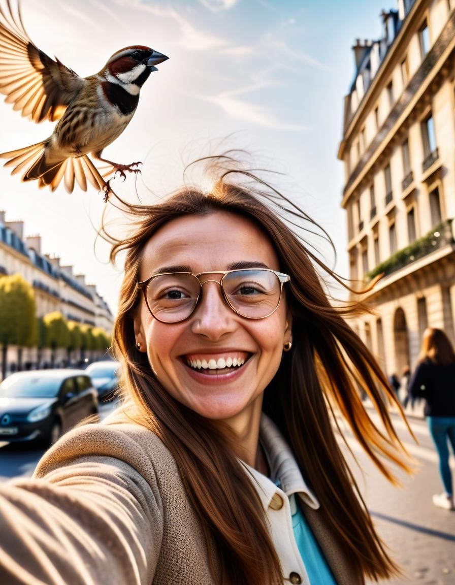 A sparrow flies in front of a woman taking a selfie