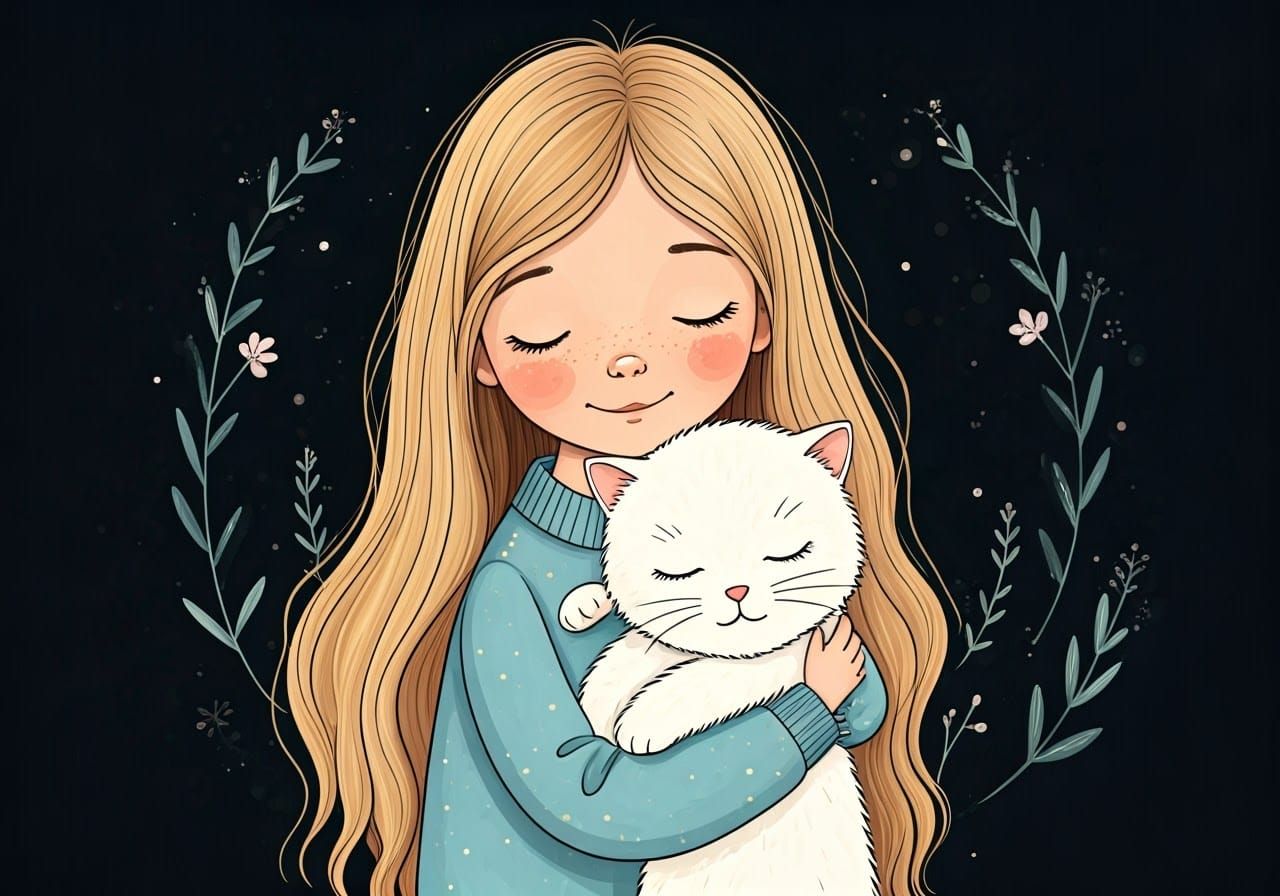 Gentle Girl Hugs Soothing White Cat in Whimsical Nighttime S...