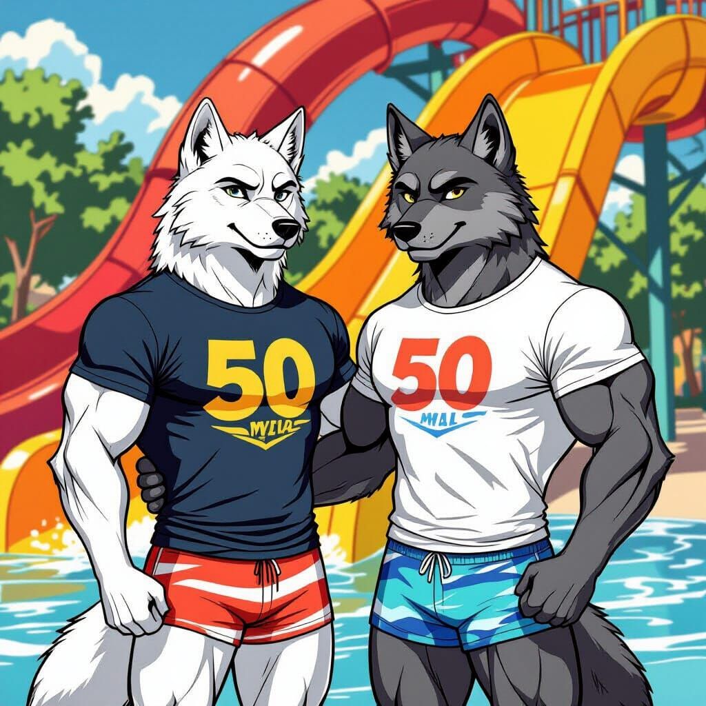 Muscular Wolves Enjoy 50s Pool Party Water Slide