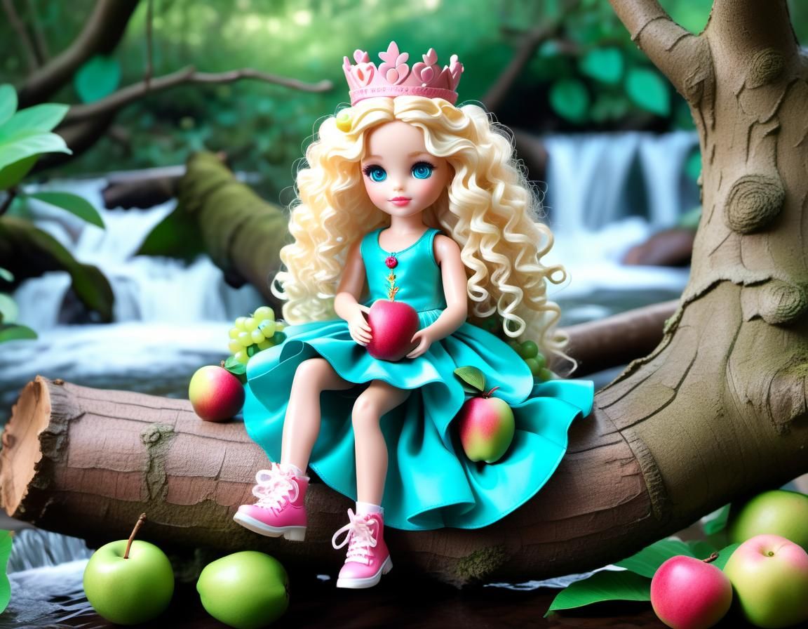 an action figure character of a beautiful tiny girl with some fruits