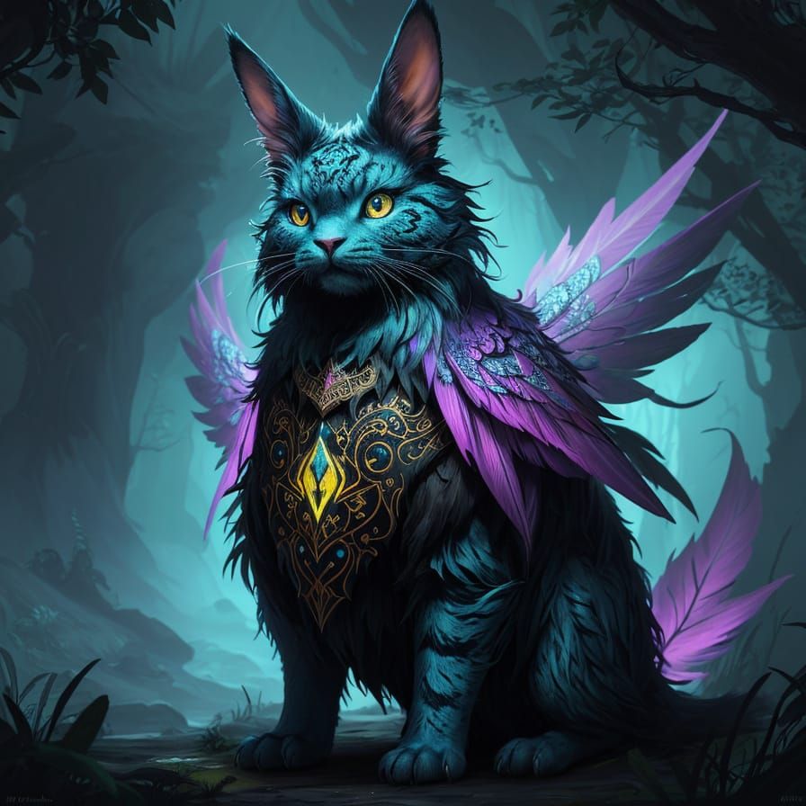 Mystical Cat-Bunny-Bird Hybrid in Fantasy Forest