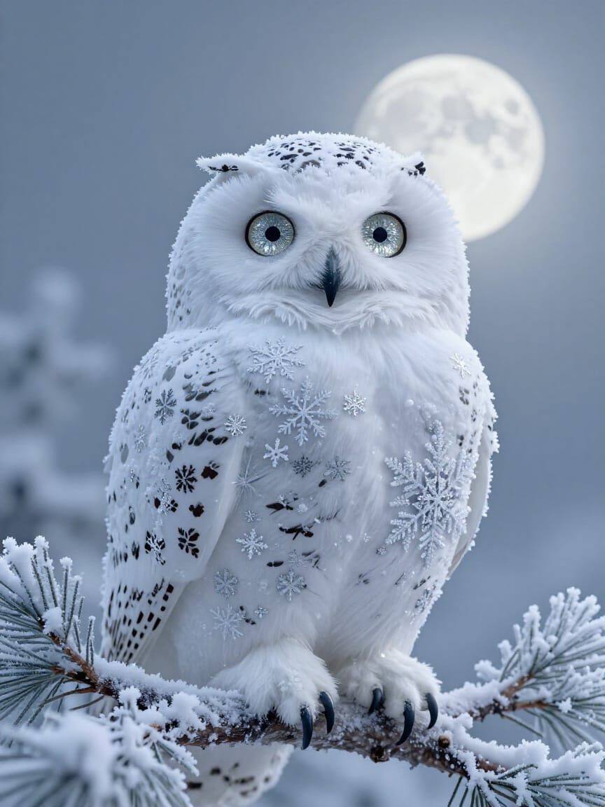 Snowflake Owl Perched on Frosty Branch Under Winter Moon