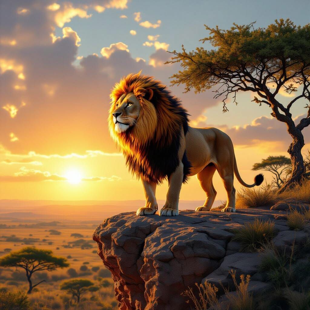Fiery Lion Overlooking Savanna in Hyperrealistic Style
