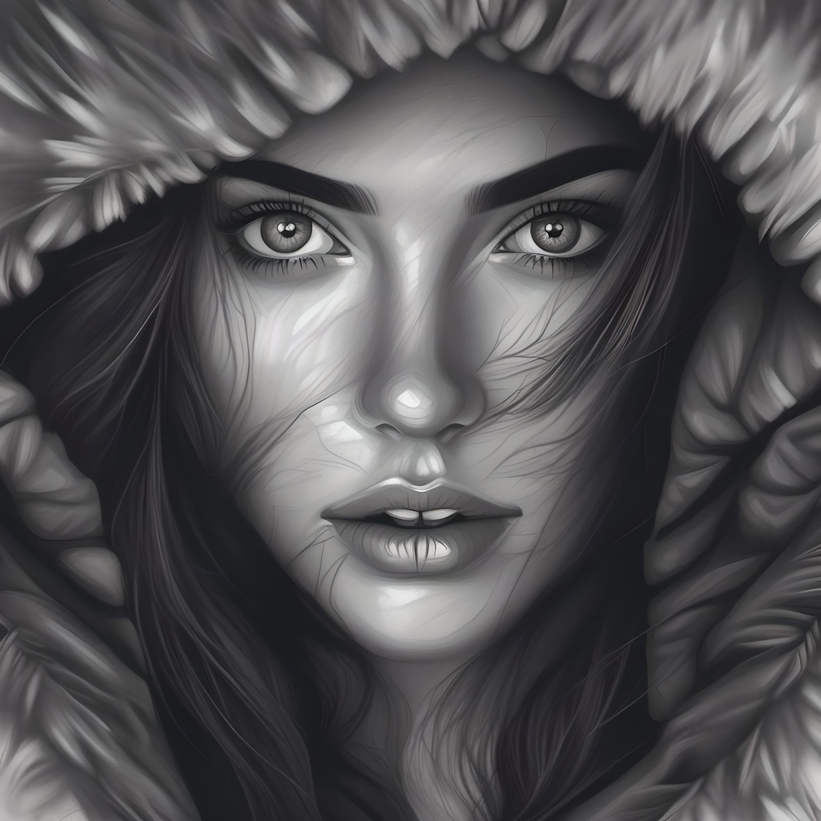 Pencil Sketch of Woman in Parka with Fur Hood