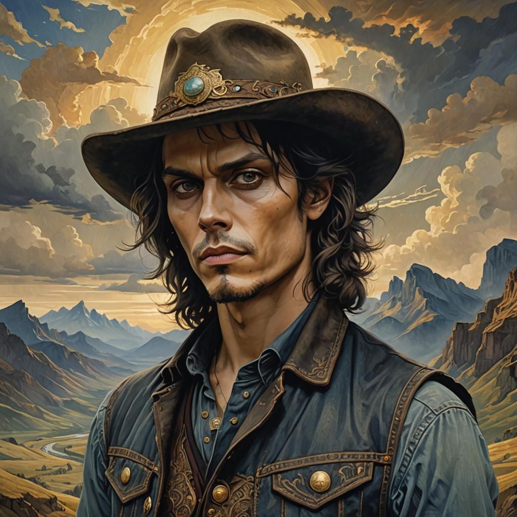 Dramatic 3D Portrait with Cowboy Hat in Golden Light