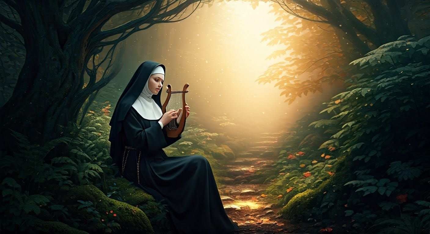Nun Plays Lyre in Mystical Renaissance Forest
