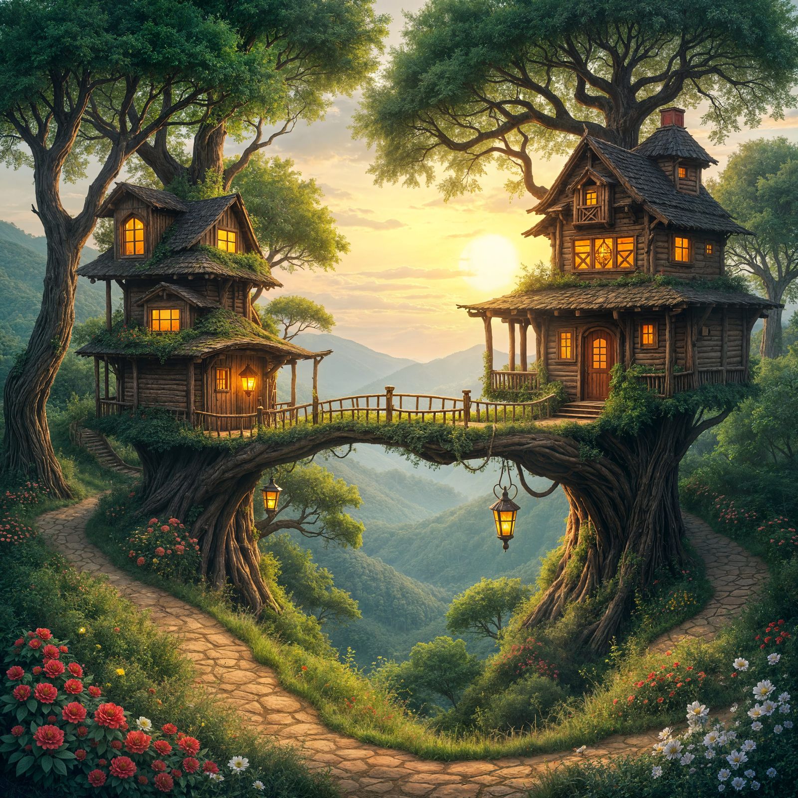 Tree House Village Under Golden Sunset