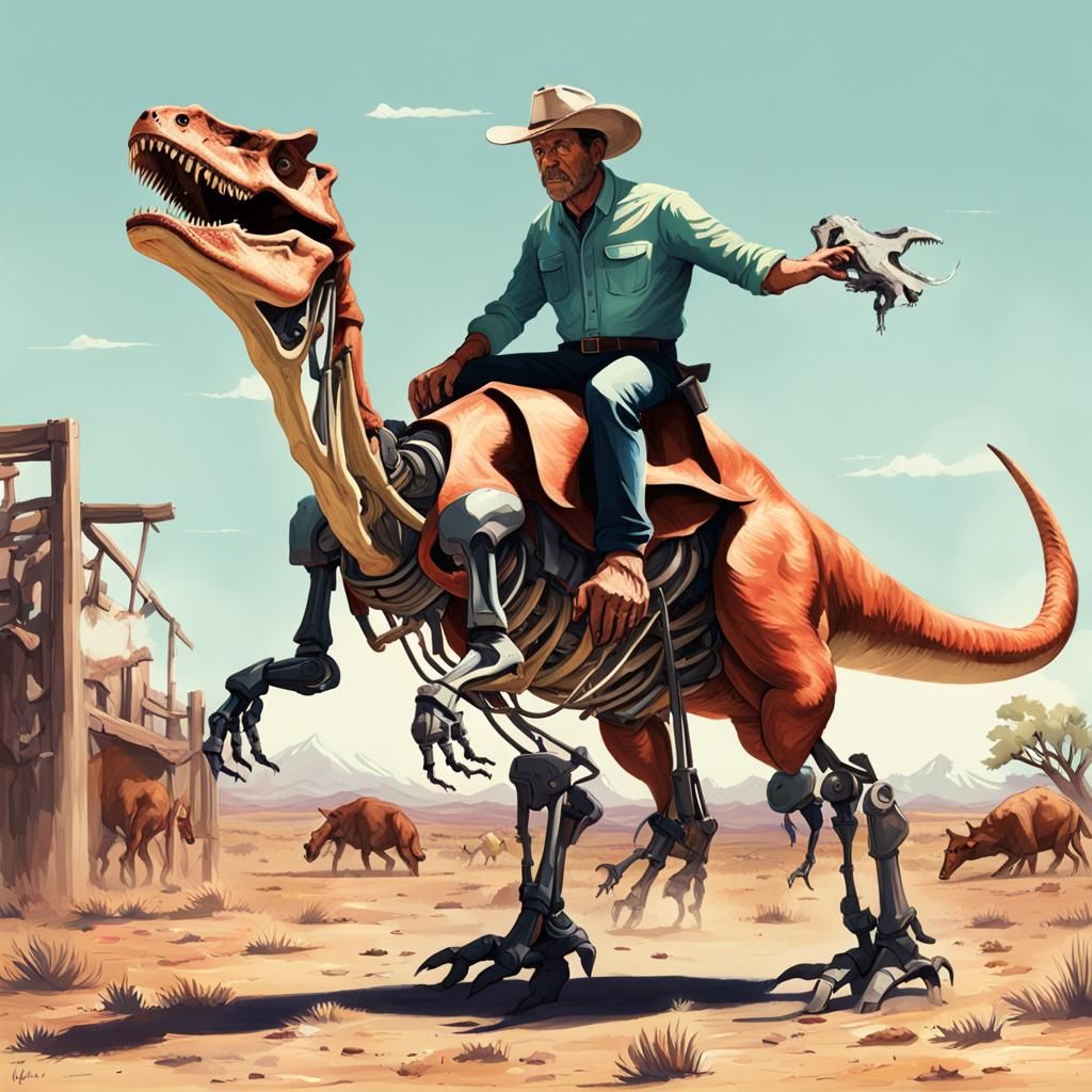 Robotic Dinosaur with Cowboy Skeleton Feast