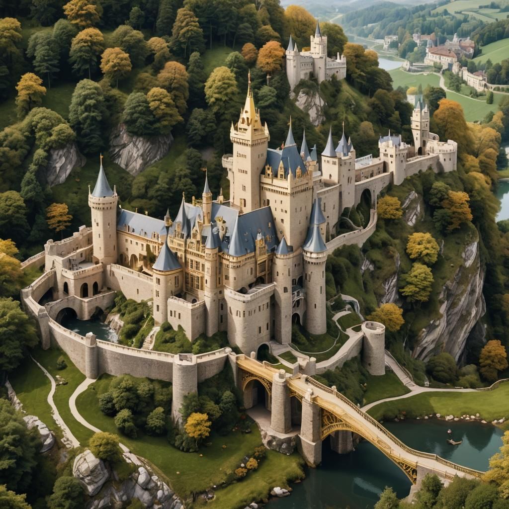 Billionaire's Hillside Castle with Golden Bridge