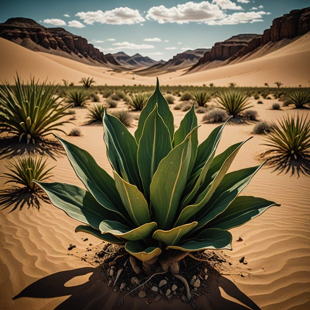 Ancient Welwitschia Plant in Fractal Patterns Amidst Namib D...