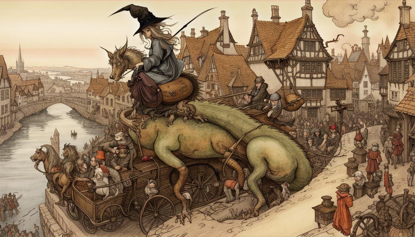 Witch on Dragon Flying Over Medieval Village