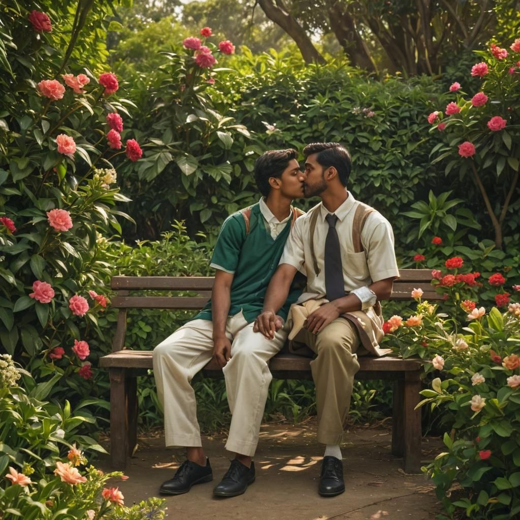 South Indian Men Kissing in School Uniform, Hyperrealistic