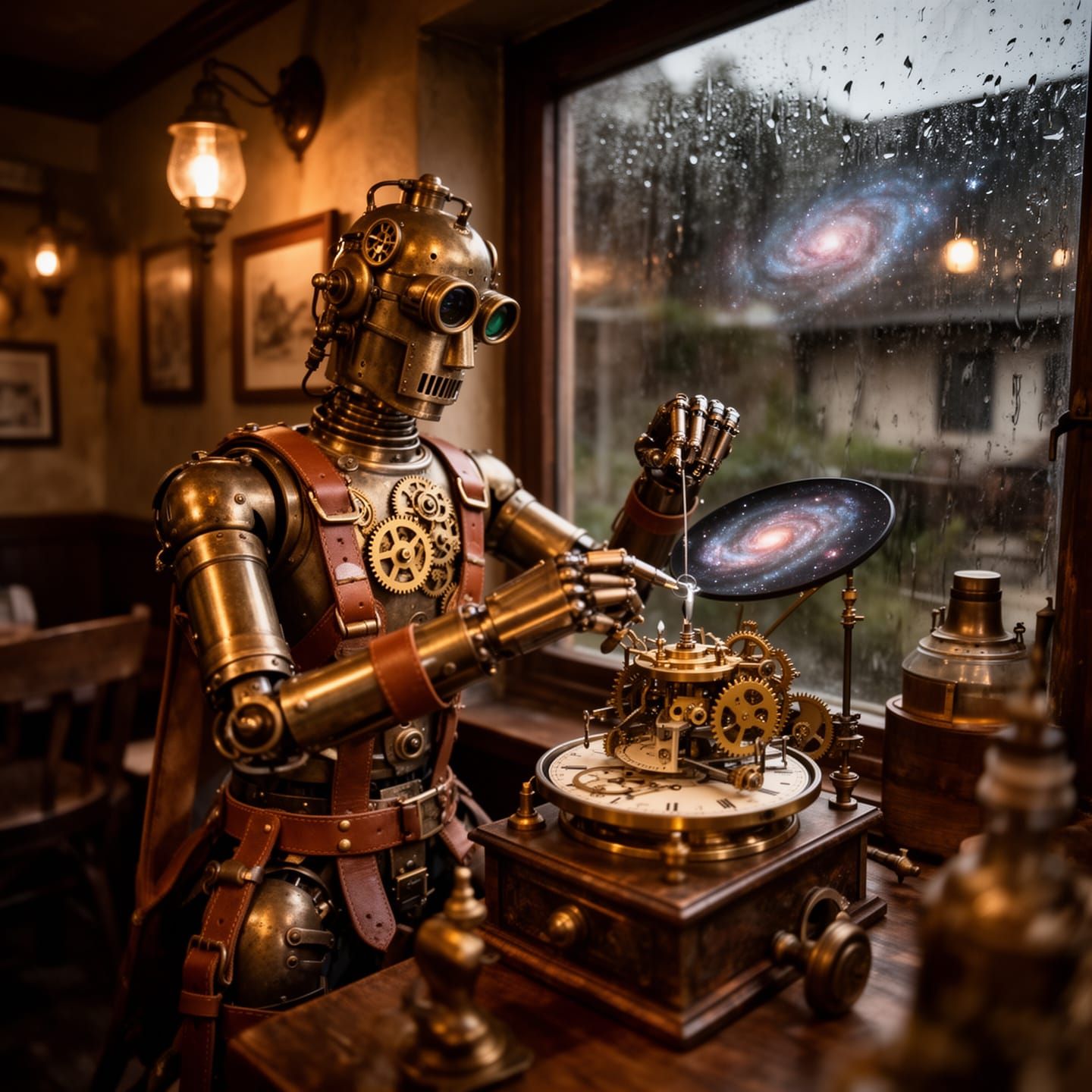 A vintage automaton, adorned with polished brass gears and l...