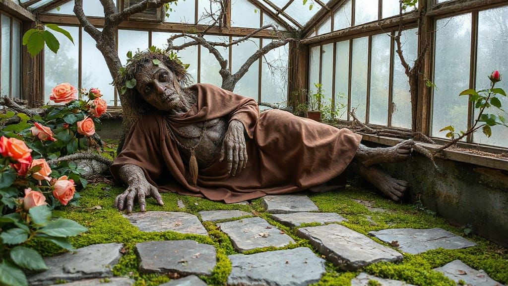 Tree Spirit Resting in Overgrown Greenhouse