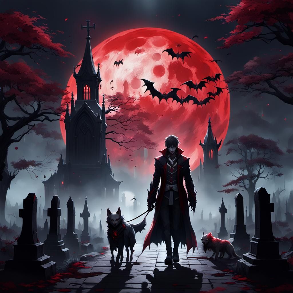 Vampire and Three-Headed Dog in Graveyard