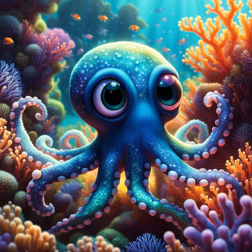 Whimsical Octopus Twins in Vibrant Coral Reef Scene