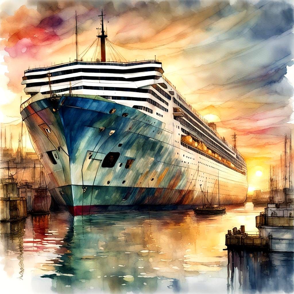 Ocean Liner at Sunset: Digital Watercolor Illustration