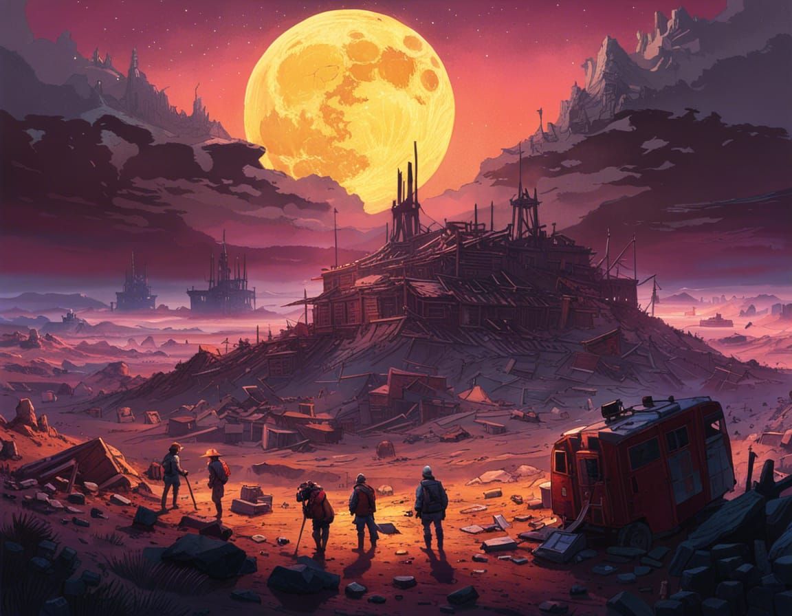 Moonlit Archeological Dig Site: Detailed Watercolor Illustra...