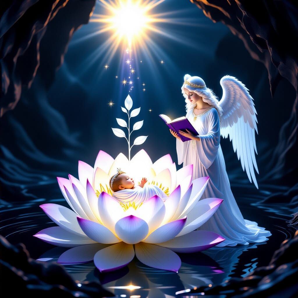 Radiant Lotus Blooms in Dark Abyss with Angel Blessing