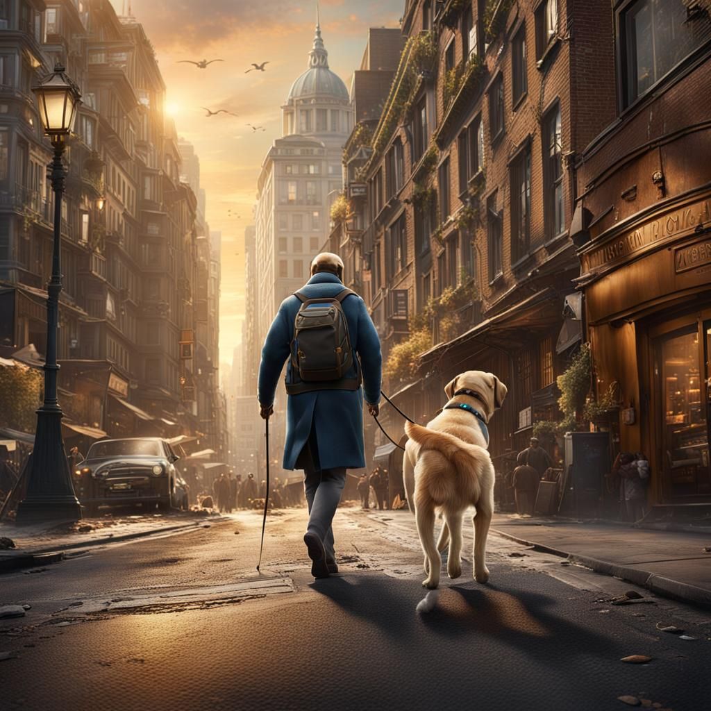 Loyal Guide Dog Navigating City Street: Matte Painting