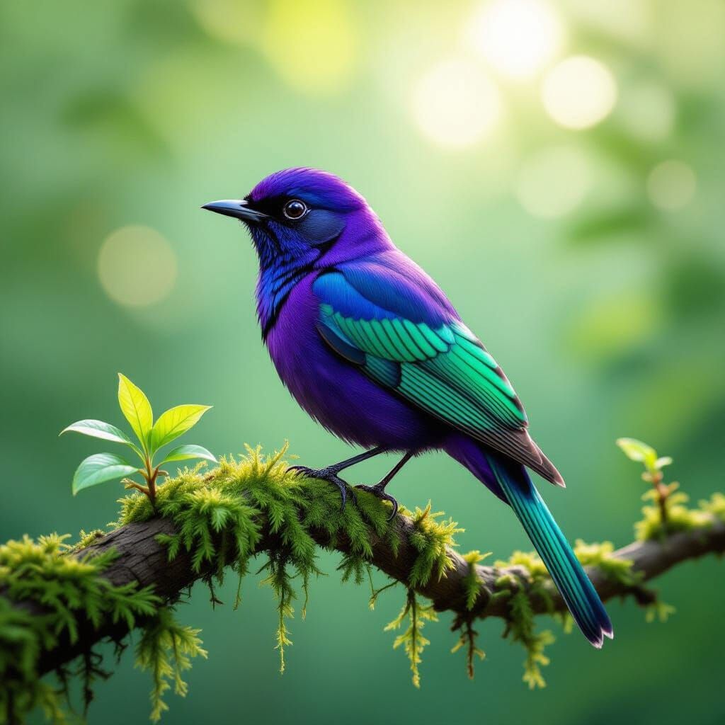 Vivid Purple Bird with Emerald Tail on Mossy Branch