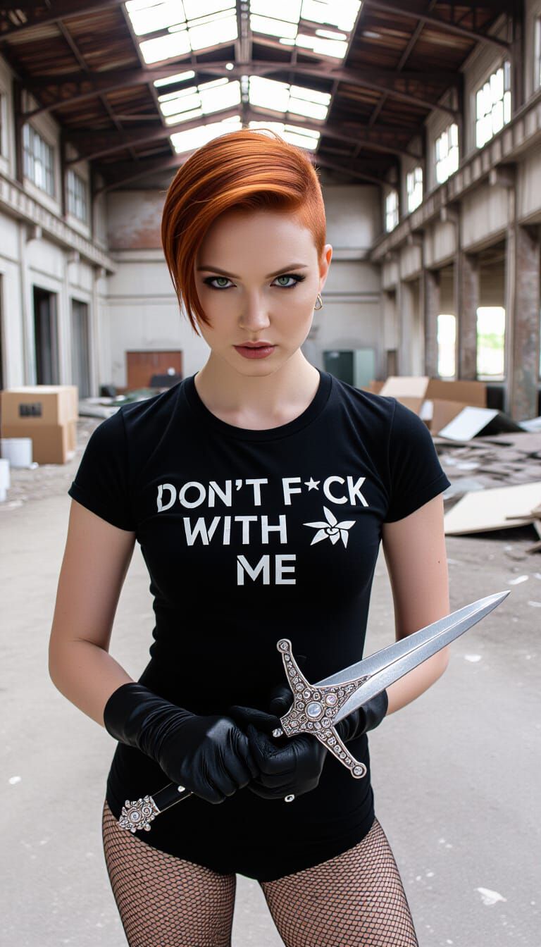 Fierce Woman with Dagger in Derelict Warehouse