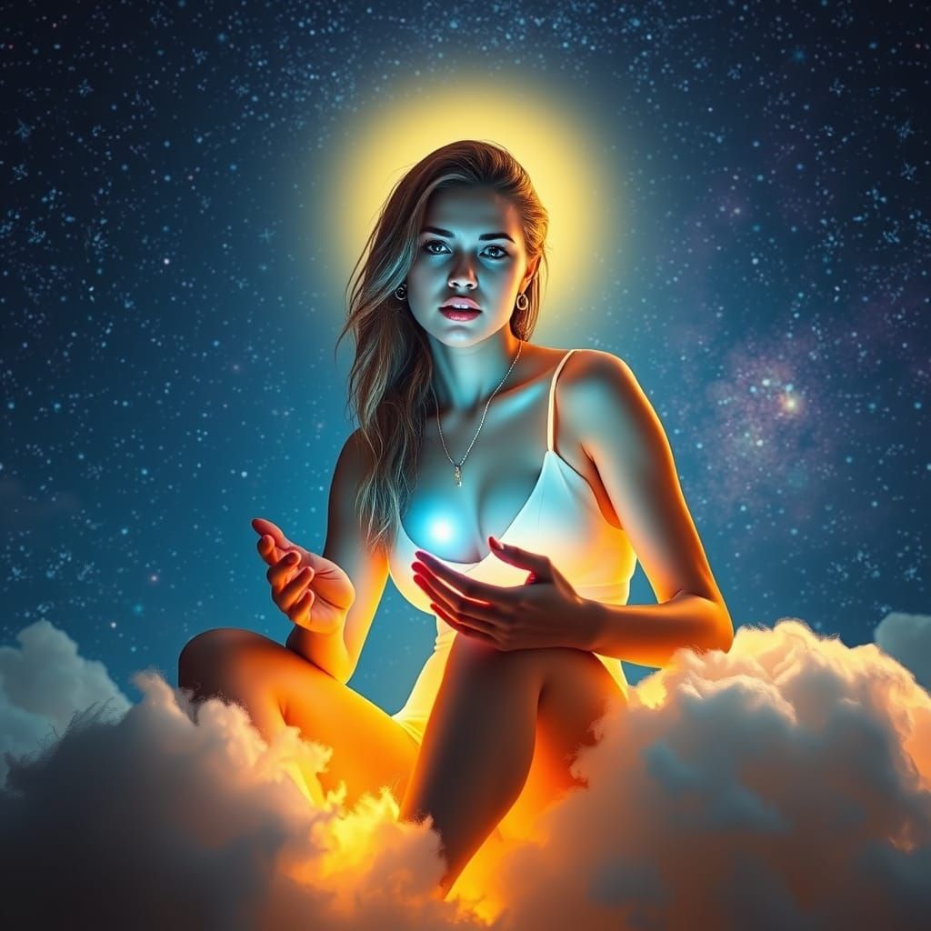 Radiant Woman on Cloud Telling a Story