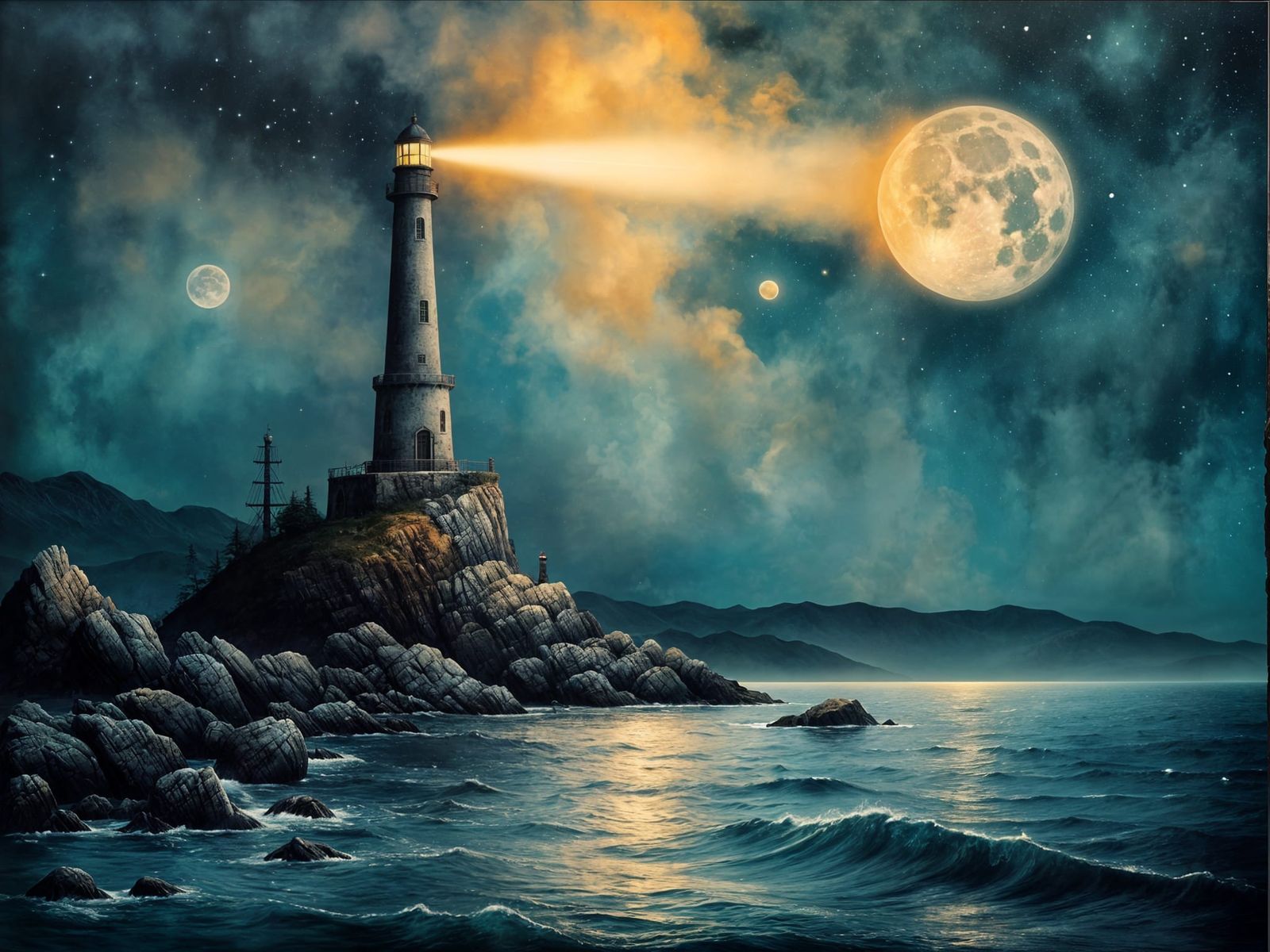 Surreal Lighthouse Beam Over Moonlit Ocean