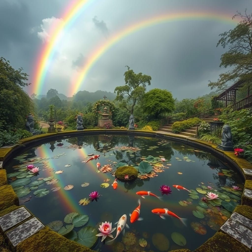 Vibrant Garden Oasis Under a Surreal Double Rainbow