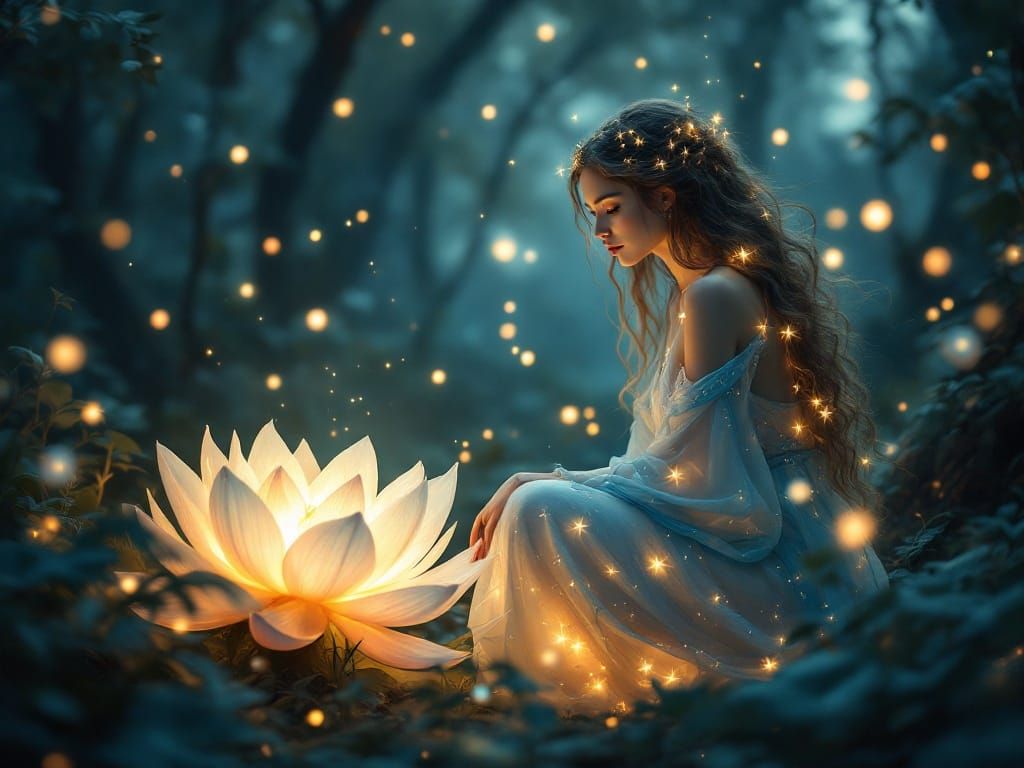 Mystical Forest Goddess Amidst Glowing Orbs and Lotus