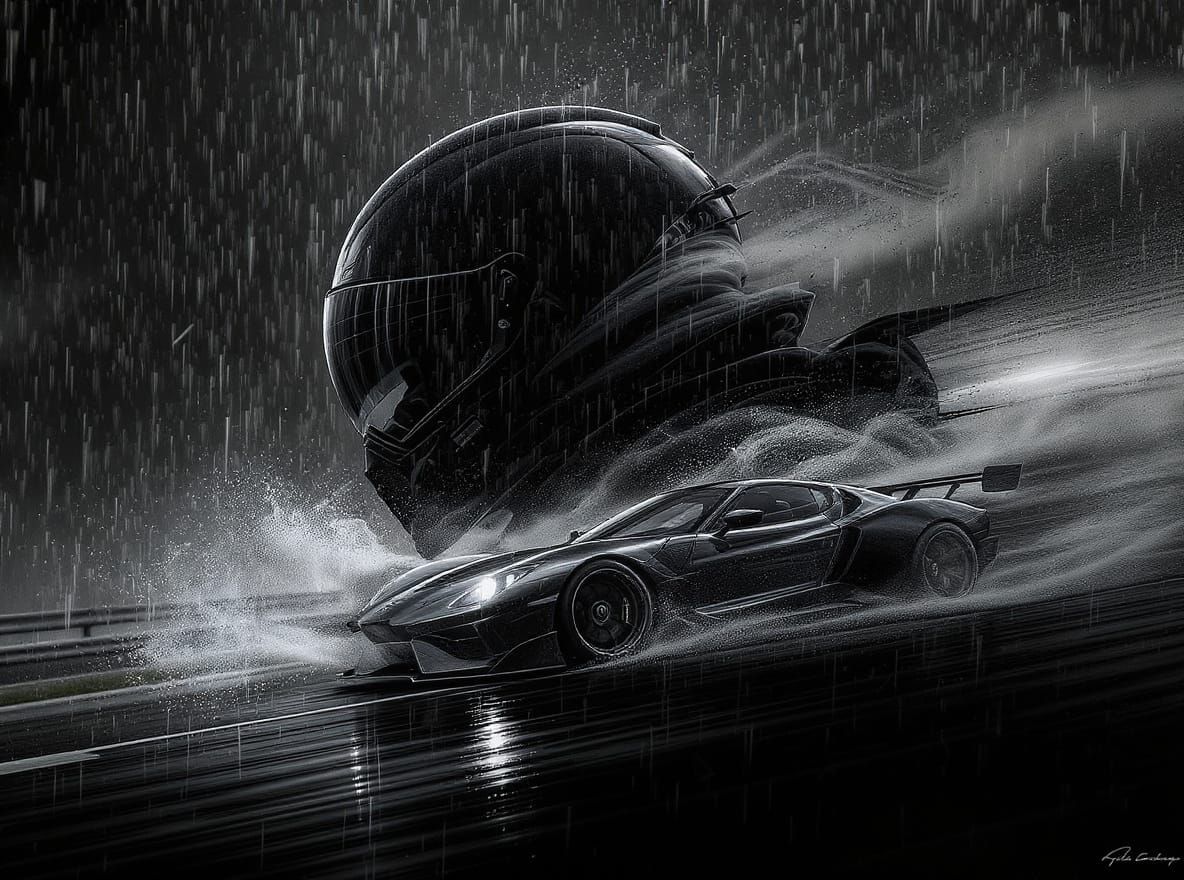 Dynamic Car Racing Double Exposure in Noir Art