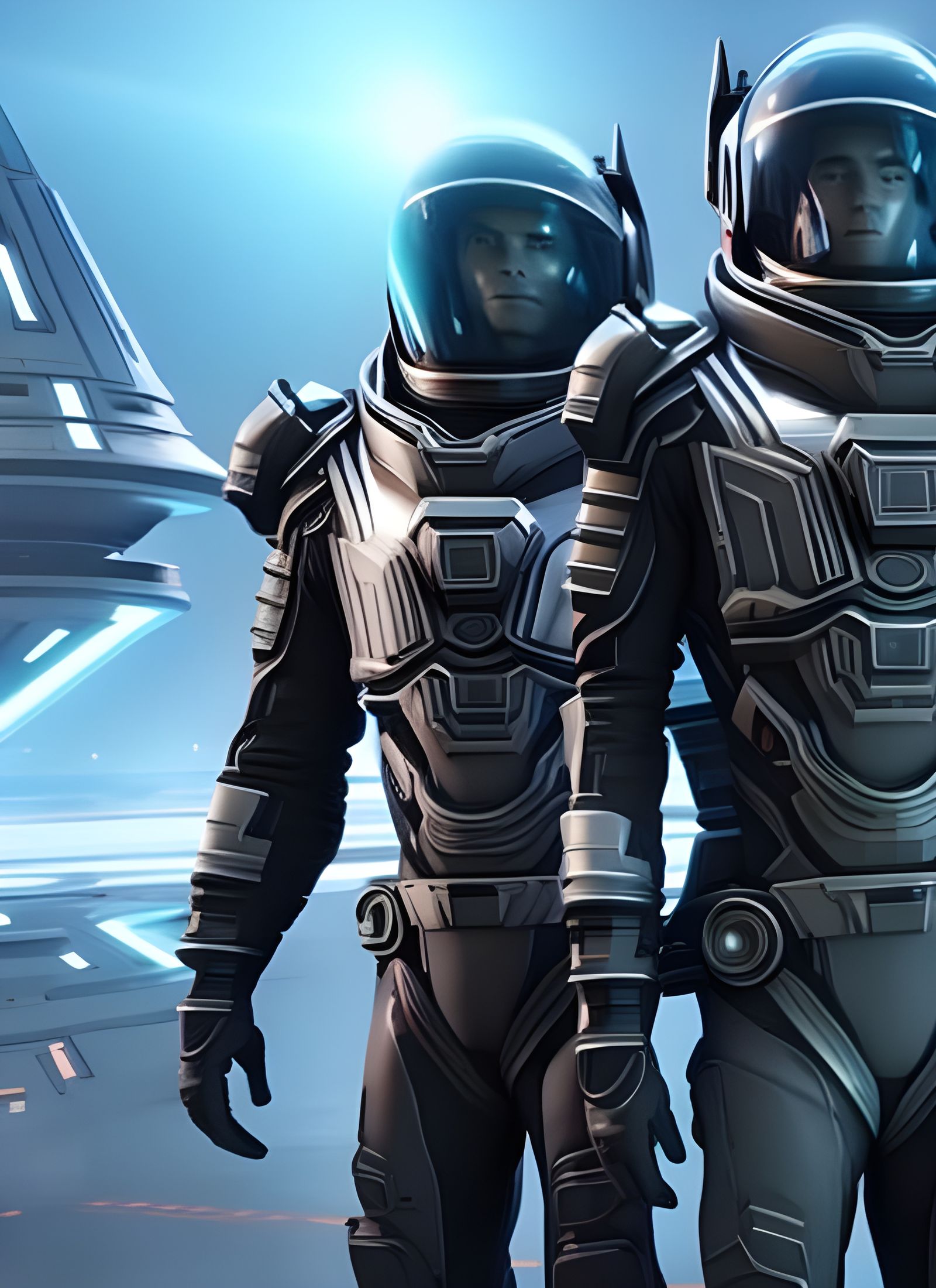 Futuristic Spacesuits Before Sci-Fi Spaceship