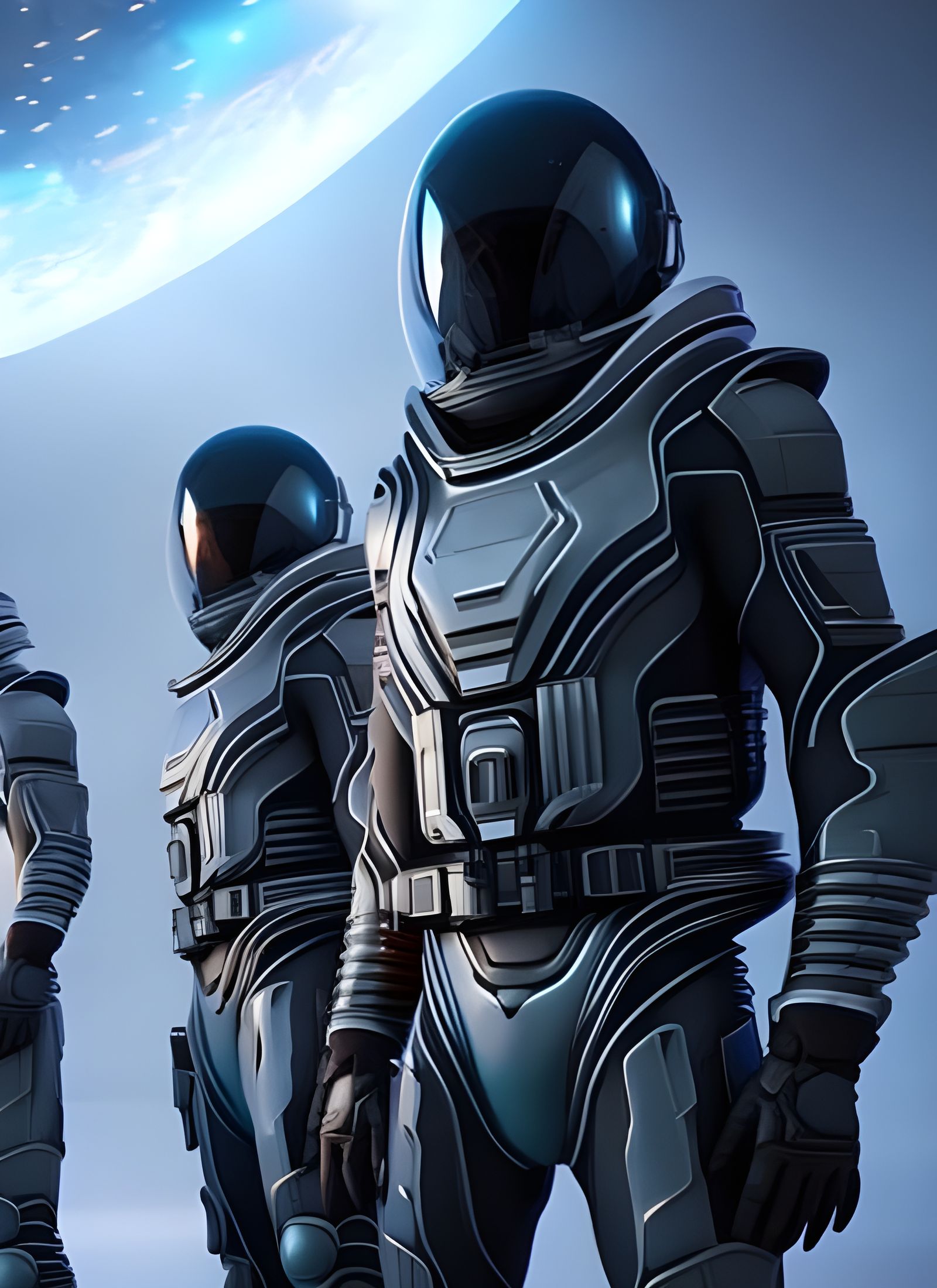 Futuristic Spacesuits in Front of Sci-Fi Spaceship