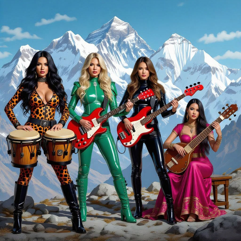Rock Band of Women in the Himalayas: Hyperrealistic Drawing
