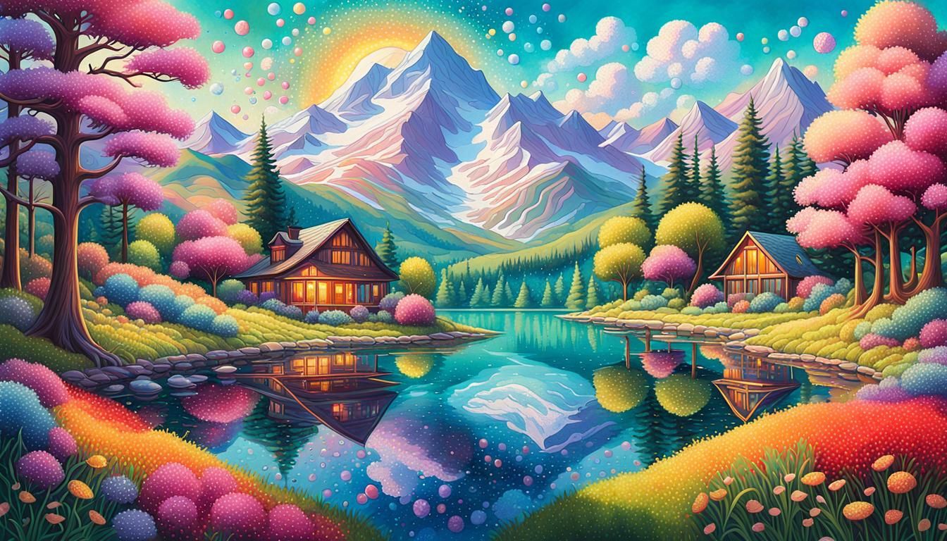 Molecular Melodies: Landscape in Pointillism Art Style