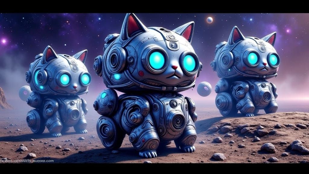 Kitty-Shaped Cyborg Tanks in Starry Galaxy