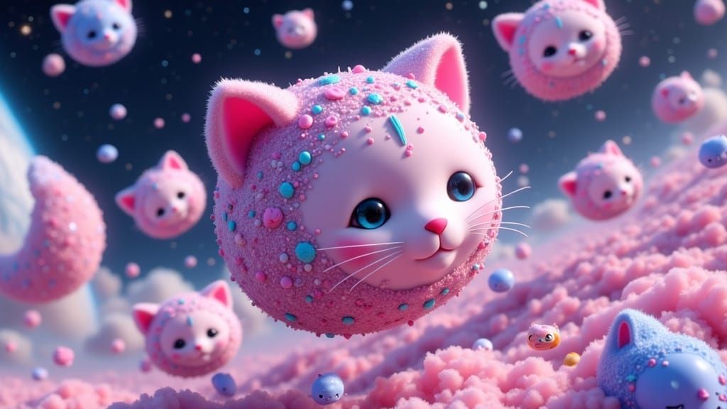 Kitty Cubes Floating in Space, Futuristic Digital Art