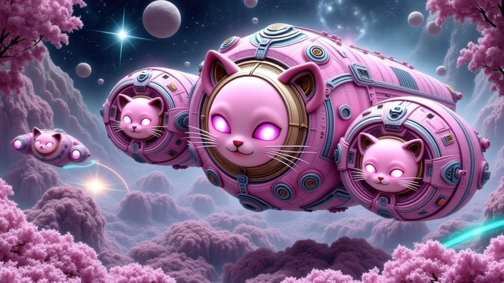 Kitty-Shaped Starships in Surreal Galaxy, Pastel Colors