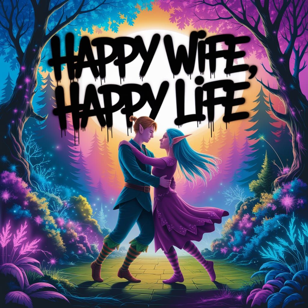 Dancing Elves in a Magical Forest with Graffiti Art