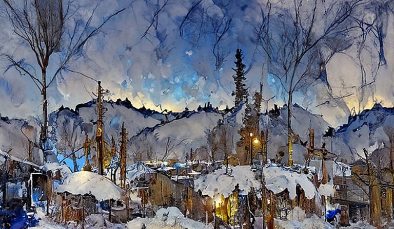 Aspen Mountains Winter Night Watercolor Illustration