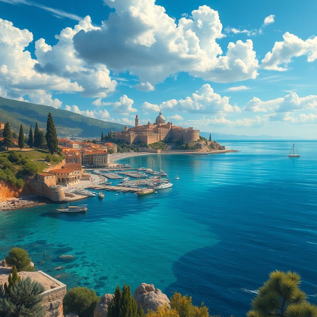 Mediterranean Coast Scene in Hyperrealistic Style