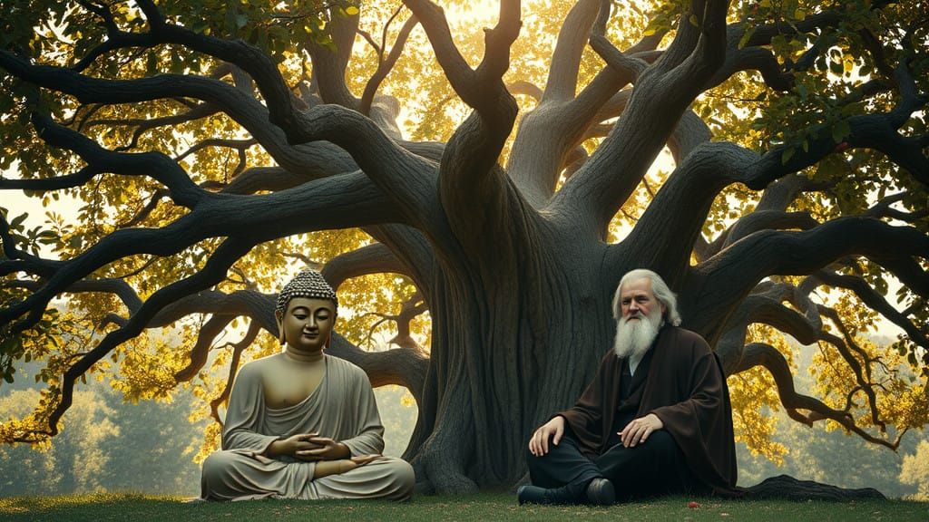 Contemplative Duo Under Majestic Apple Tree in Cinematic Fil...